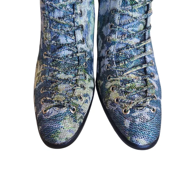 Jeffrey Campbell Hastings Blue Green Floral Tapestry Victorian Boots Lace Up - Picture 6 of 16